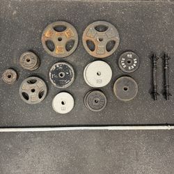 170 Pound 1” Standard Weight Plate Set with 7ft Barbell and 2 Dumbbell Handles