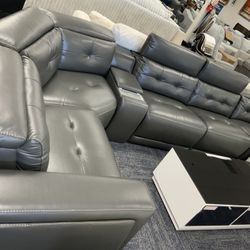 Premium Leather Sectional - Grey Black