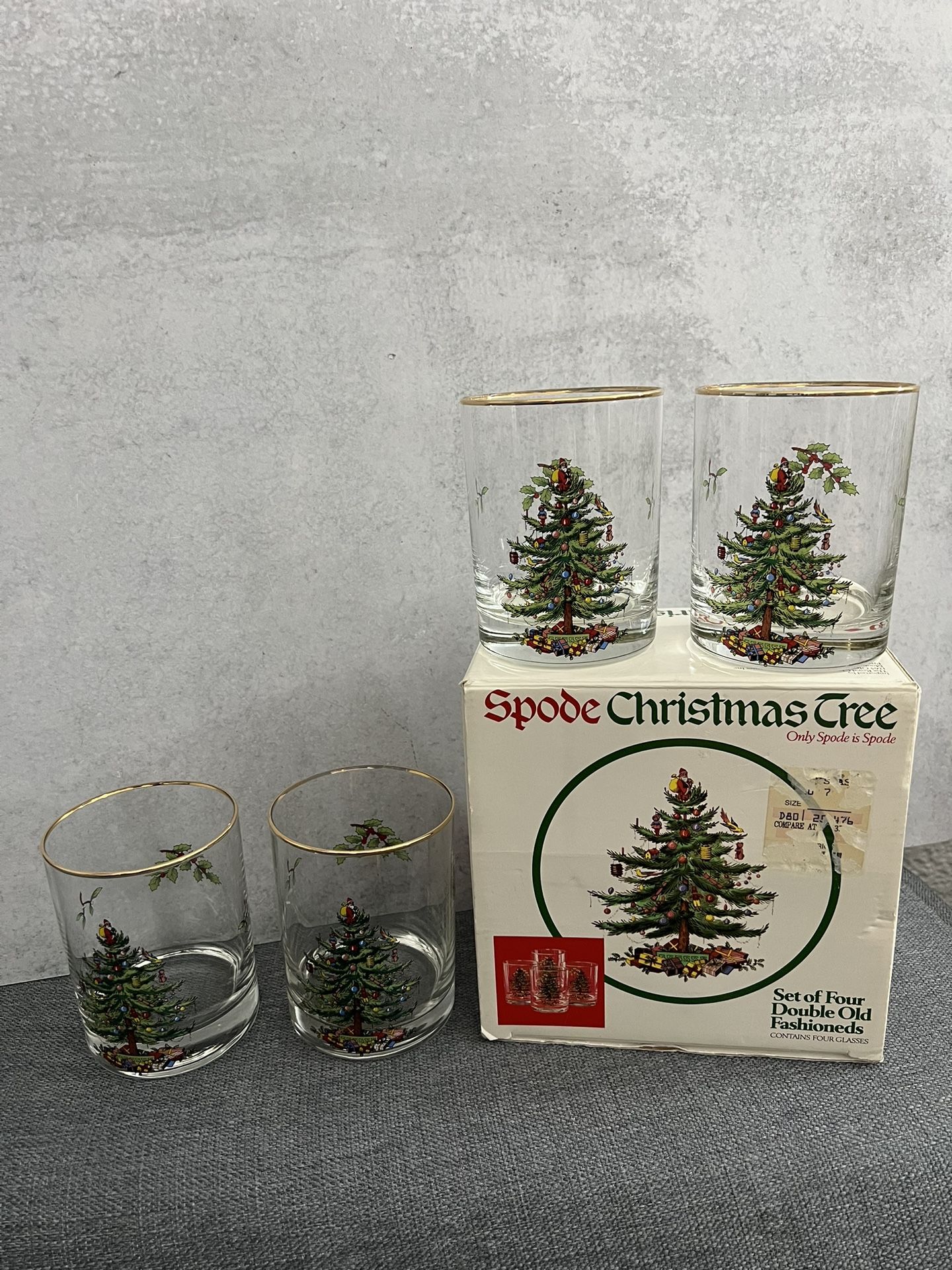 Vintage Set of 4 Spode Christmas Tree Double Old Fashioned Gold Rimmed Glasses