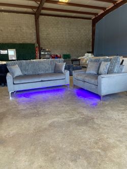 Beautiful Charcoal Fluffy Velvet Sofa & Loveseat with LED Lights! Delivery Available 🚚