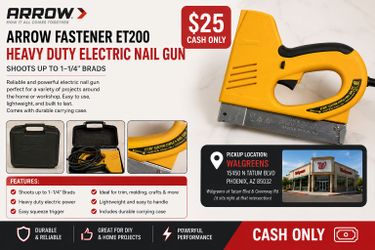 Arrow Fastener ET200 Heavy Duty Electric Nail Gun, shoots up to 1 1.4-Inch Brads with Case