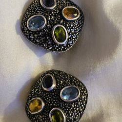925 Marcasite/Gemstones Clip-On Earrings -1"