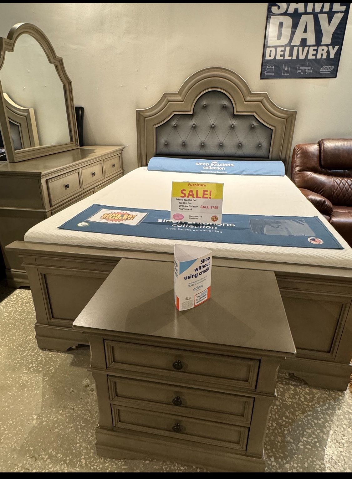 Frisco solid wood bedroom set now only $799. Easy finance option. Same-day delivery.