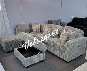 ✅️✅️3 pc smoke grey wide welt corduroy fabric sectional sofa with USB plugs square arms with chaise and storage ottoman✅️