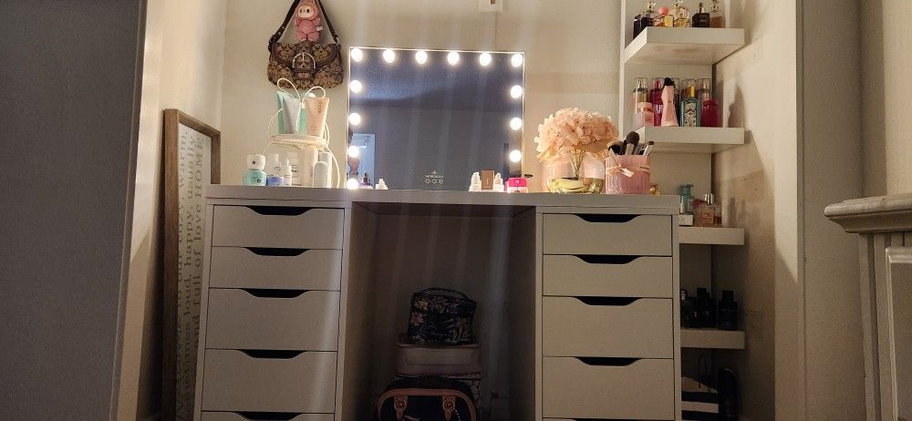 Ikea Desk/vanity, Comes With Table Top, 2  Alex Drawers And 7 Tier Shelf