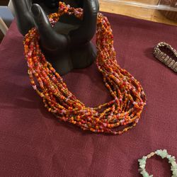 Orange And Pink Multicolor Glass Bead Necklace 