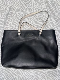black faux-leather Guess Los Angeles tote bag