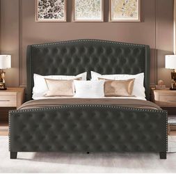 Open box-King Size Bed Frame Velvet Upholstered Platform Bed with Wingback Headboard & Footbaord, Deep Button Tufted Bed Frame with Wood Slats Support