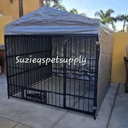 Brand New In Box! Large Heavy Duty Dog Kennel Right Under 7'x7' W/ Roof Tarp,  Roll Down Side Canopy, Swivel Feed Door,Bowls, Reinforced Iron Dog Cage