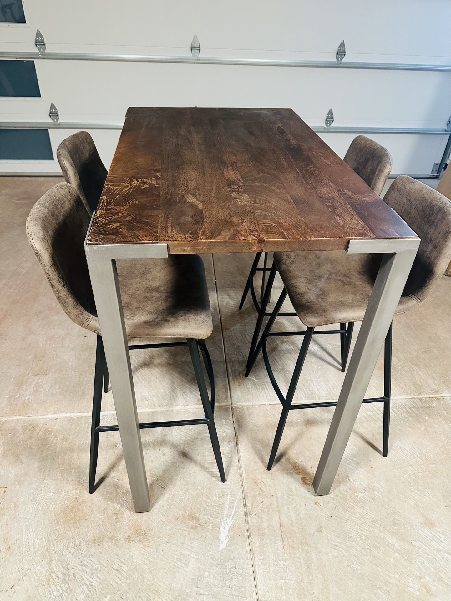 CB2 Stilt High Counter Table + Set of Brown/ Gray Bar Stools