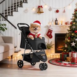 New 3-Wheels Foldable Pet Stroller with Waterproof Cover, Pet Strolling Cart for Small/Medium Dogs and Cats with Storage Basket and Cup Holder, Breath
