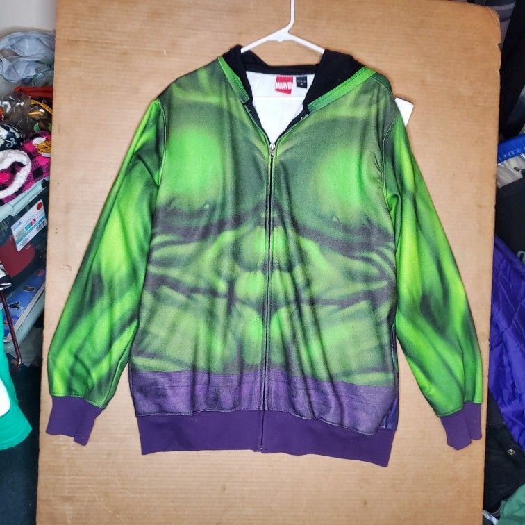Marvel Film The Hulk Hoodie Men’s Sz XL Zip Up W/ Pockets Green All Over Muscles