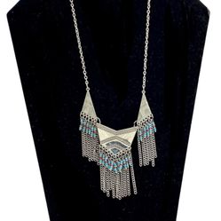 Ethnic Tribal South Western Necklace Silver Tone Fringes