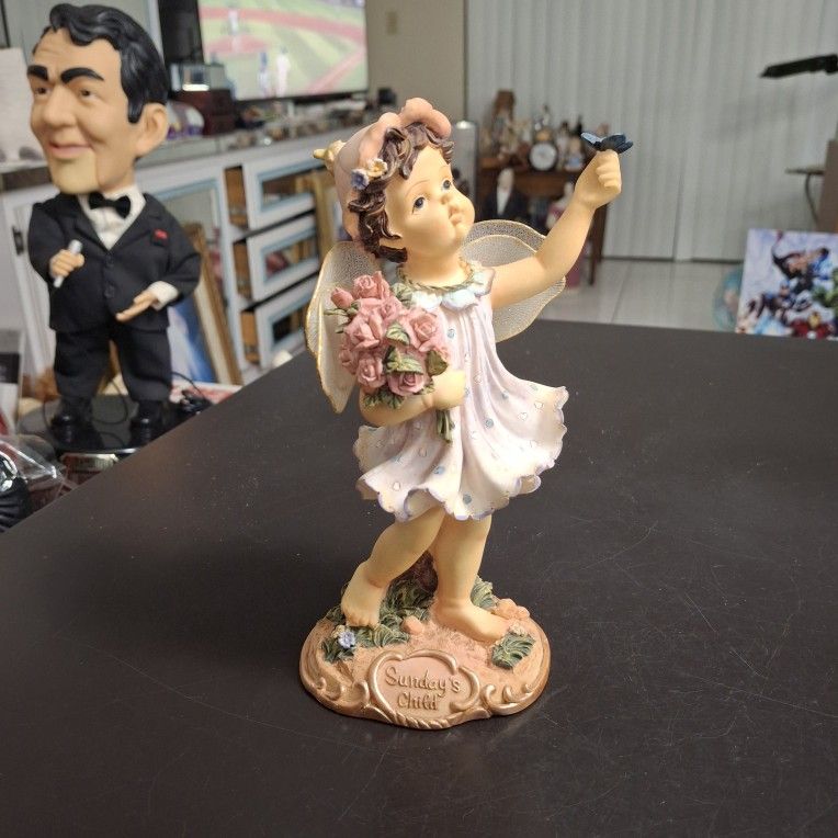 Beautiful "Sundays Child" Is Full Of Grace Fairy Figurine Holding A Bouquet Of Pink Roses & A Blue Butterfly 🦋 Resin 7.75" Tall