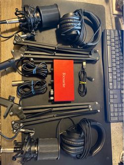 Complete Podcast Studio Bundle – Focusrite Scarlett 2i2 + 2 Audio-Technica AT2020 Mics + Headphones