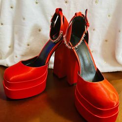 Women’s Platform Red Square Toe Heel with Rhinestone Strap Size 37 (which is size 6.5)