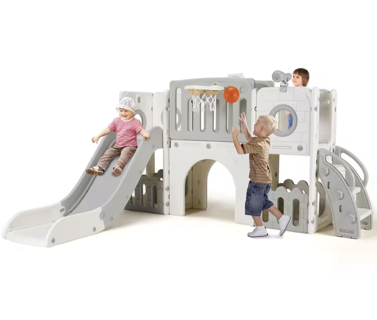 9 in 1 Kids Slide and Climber Playset Indoor Outdoor Playground for Children, w/Basketball Hoop & Ball
