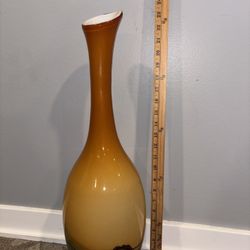 23” Mid-Century Modern Tall Cased Art Glass Olive Green & Tan Long Neck Vase
