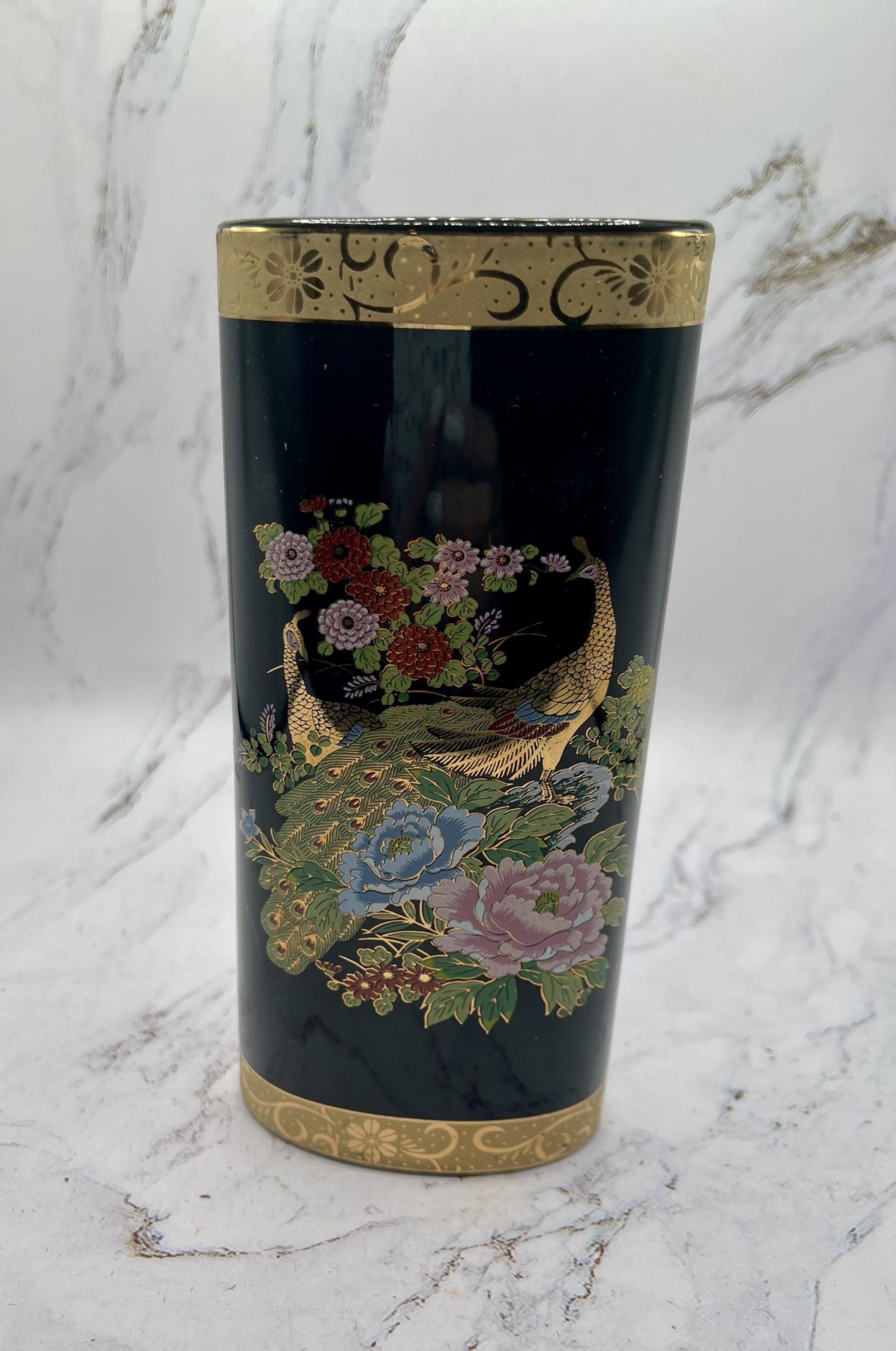 Japanese Vintage Black Porcelain Vase Gilded Peacocks Flowering Garden Gold Rim