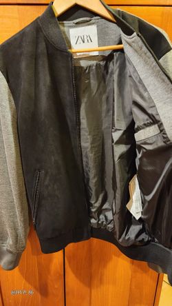 Zara Mens Bomber Jacket Faux Suede Combined in Black and Gray SZ S  NWT