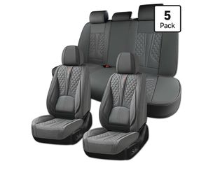 Full Set of Dark Gray Genuine Leather Seat Covers, Universal Fit Four-Layer Anti-Slip Design with Lumbar Support