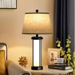 26.3 in. Black Modern Metal Integrated LED Fabric Lampshade Table lamp with Dual USB Charging Ports (Bulbs Included)
