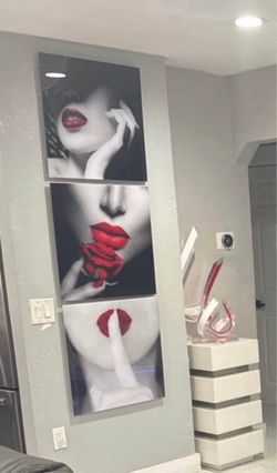3-Panel Black and White Red Lips Canvas Wall Art
