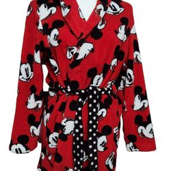 Disney Red Mickey Mouse Robe Long Sleeve Fleece Bathrobe Size M/M