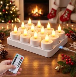 Rechargeable Tea Lights Candles with Remote Timer & Charging Base 12 Pack Long Lasting Flickering Flameless Candles, Ideal Decor for Home, Wedding, Ch