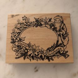 PSX Merry Christmas Wreath Frame with Poinsettias & Santa Claus  Wood Mounted Rubber Stamp