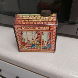 1950s Log Cabin Tin STOCKADE SCHOOL Advertising RARE Vintage Maple Syrup Can