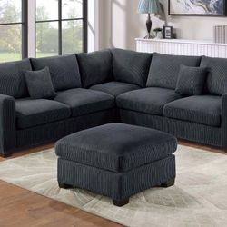 Black Corduroy Sectional Sofa With Ottoman 