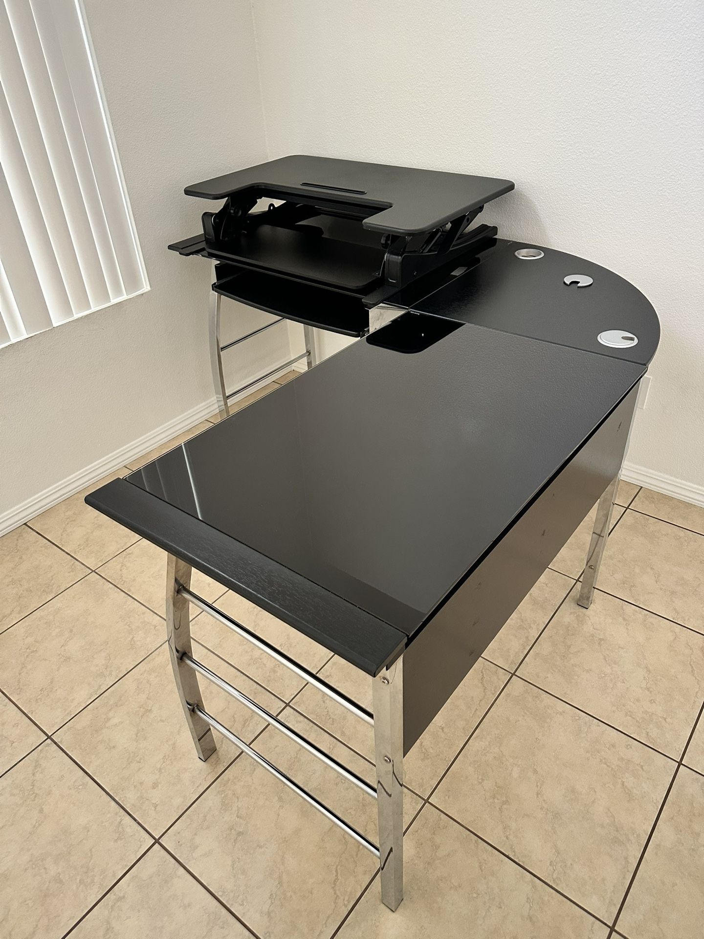 L-shaped Office Desk With Standing Desk Converter And Chair