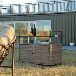 Outdoor Brown Wicker Bar Cart w/ Metal Frame / Glass Top  [NEW] ** Retails for $260 <Assembly Req> 