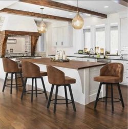 Set of 4, 26" Swivel Faux Leather Upholstered Bar Stools with Backs and Metal Legs, Retro Counter Stools for Kitchen Island, Dining Room, Pub, Brown