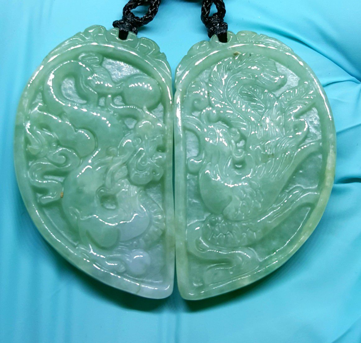Burmese type A icy jade Jadeite pendant Dragon-Phoenix.