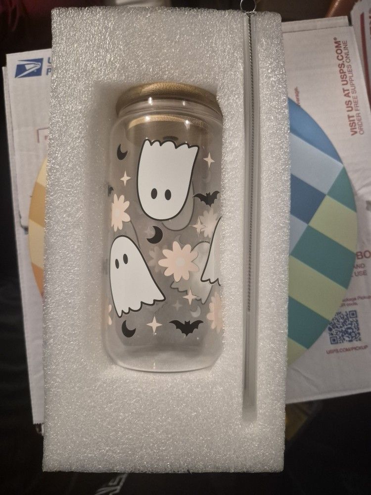 Halloween Glass Cup Woth Wooden Lid And Glass Straw And Straw Cleaner Tool