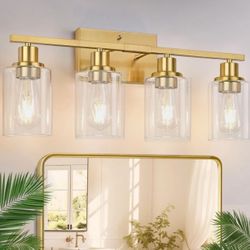 4-Light Vanity Light with Clear Seeded Glass Shades, Brushed Gold  