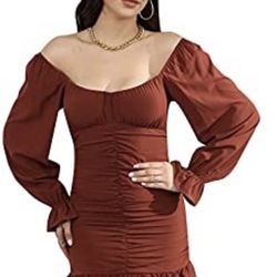 Women's Sexy Bodycon Mini Dress Long Puff Sleeve Square Neck Off The Shoulder Clubwear Party Dresses