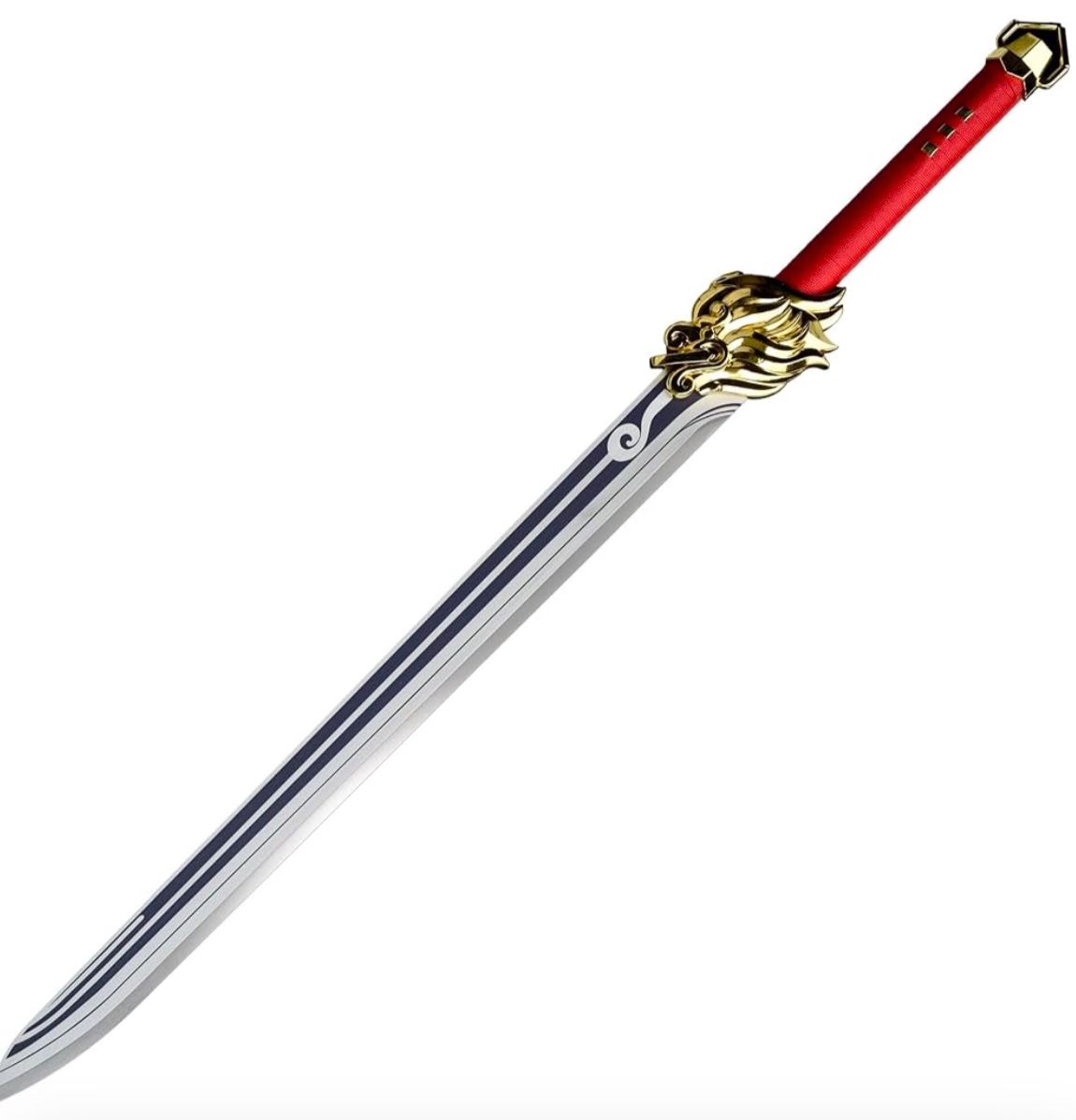 Genshin Impact Lions Roar Practice Sword - 37" Metal Blade, Gold Lion's Head Guard, Red Wrapped Handle, Ornate Endcap