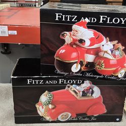 NEW Fitz and Floyd Christmas Bundle - Santa Motorcycle & Car Cookie Jars + Platter