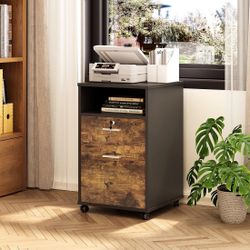 New Rustic Brown Black 2-Drawer File Cabinet Mobile Printer Stand with Lock