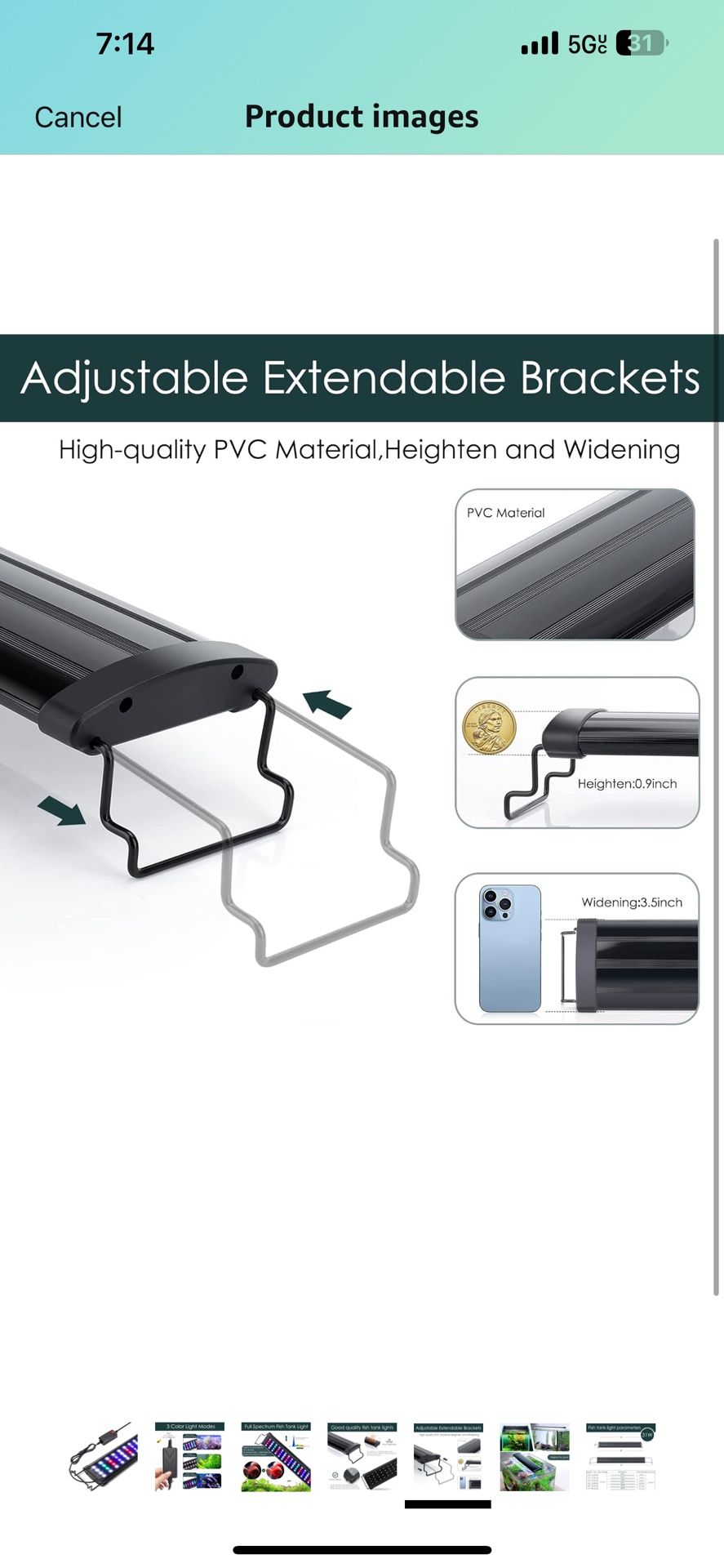 AQQA Aquarium Light,Full Spectrum LED Fish Tank Lights,12"-54" Adjustable Multi-Color White Blue Red Green LEDs with Extendable Brackets,14W-31W for F