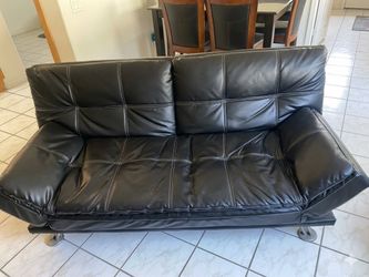 NEED GONE TODAY Sleek Black Leather Futon Sofa / Convertible Bed – Mint Condition!