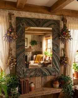 Vintage Carved Wood Frame Wall Mirror - Tropical Palm Motif