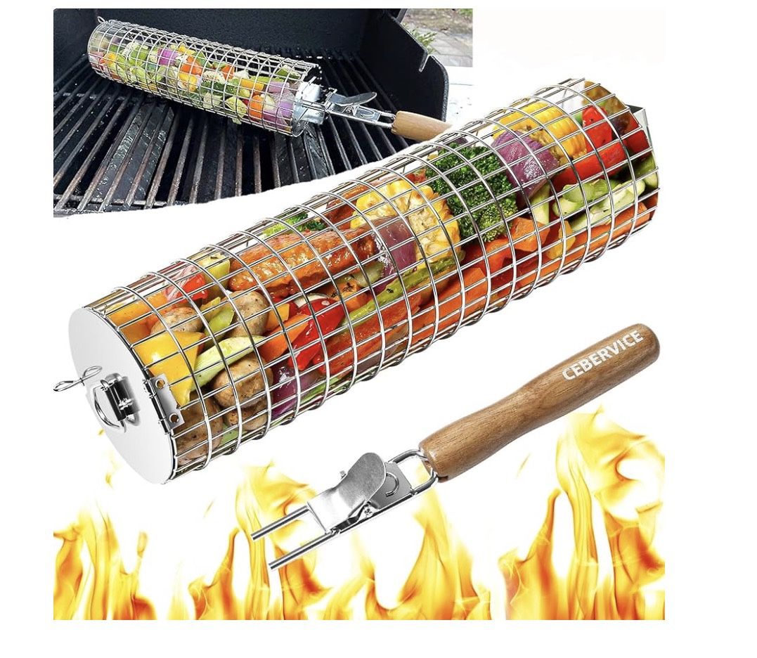 Rolling Grilling Baskets for Outdo... EASY & EVEN GRILLING - This stainless steel grill basket with an innovative cylindrical design rotates...