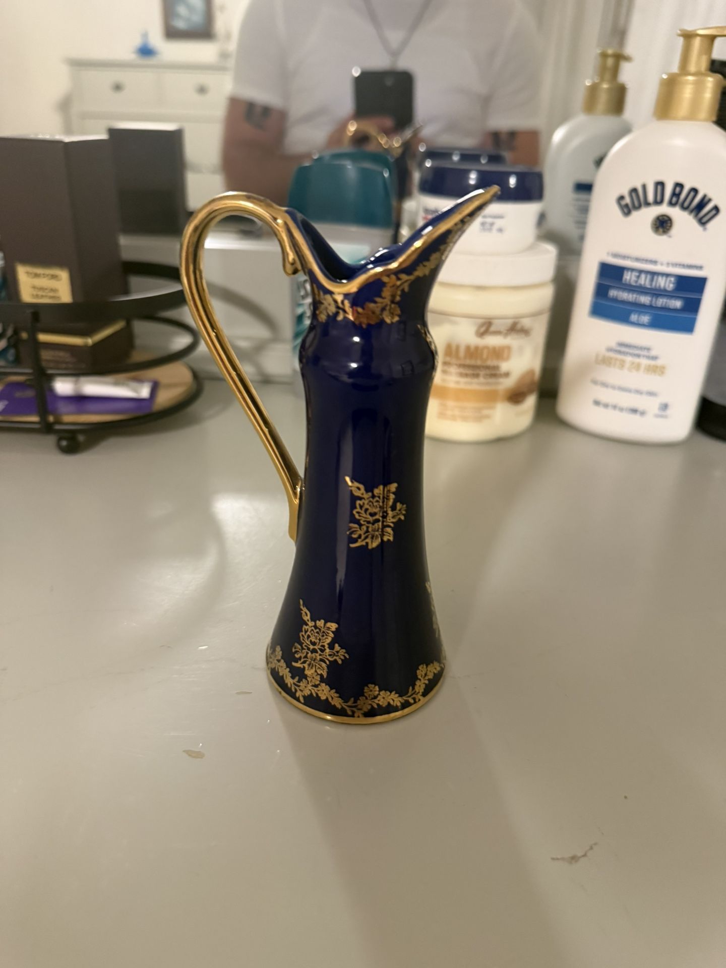 Vintage Portuguese Alcobaca Porcelain Mini Cobalt, Blue & Gold Pitcher
