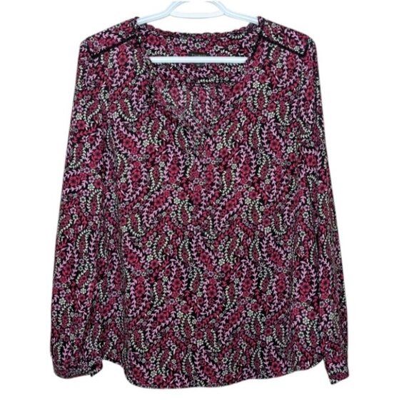 Talbots Black Pink Red Floral Print Long Sleeve Lace Detail Blouse Shirt