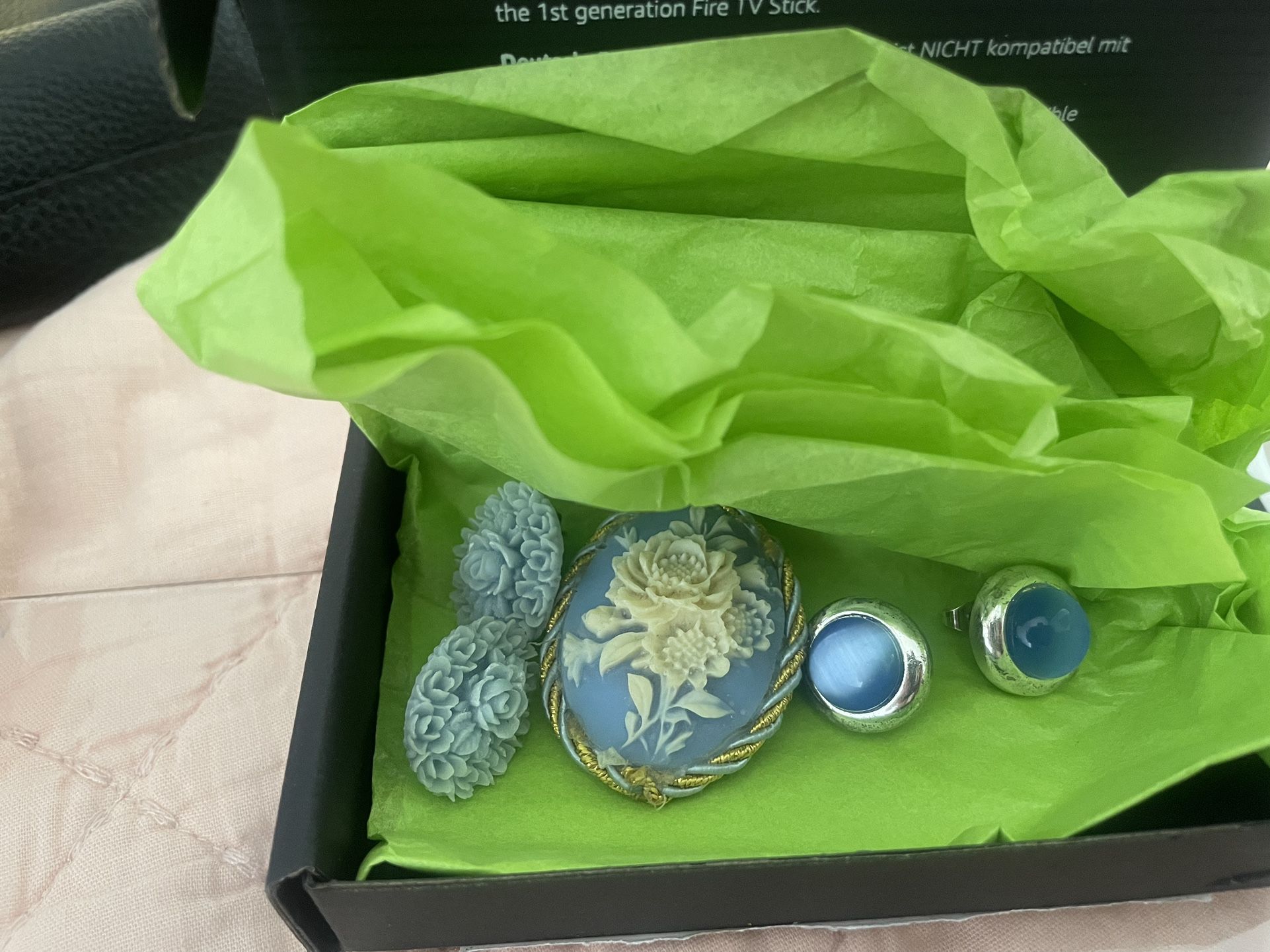 2 Pair Of Vintage Earrings And Baby Blue brooch