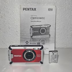 Pentax Optio W80 12MP Shock Waterproof Red Digital Camera With Battery & Manual